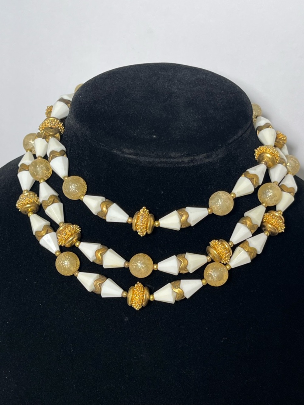 Vintage signed necklace Deauville 3 strand goldtone and white lucite beads